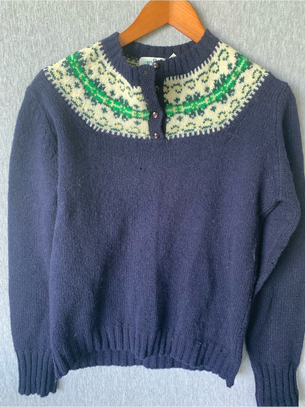 Vintage Eagles Eye Navy Fair Isle Yoke Women's Sweater Shetland Wool Knit 80s